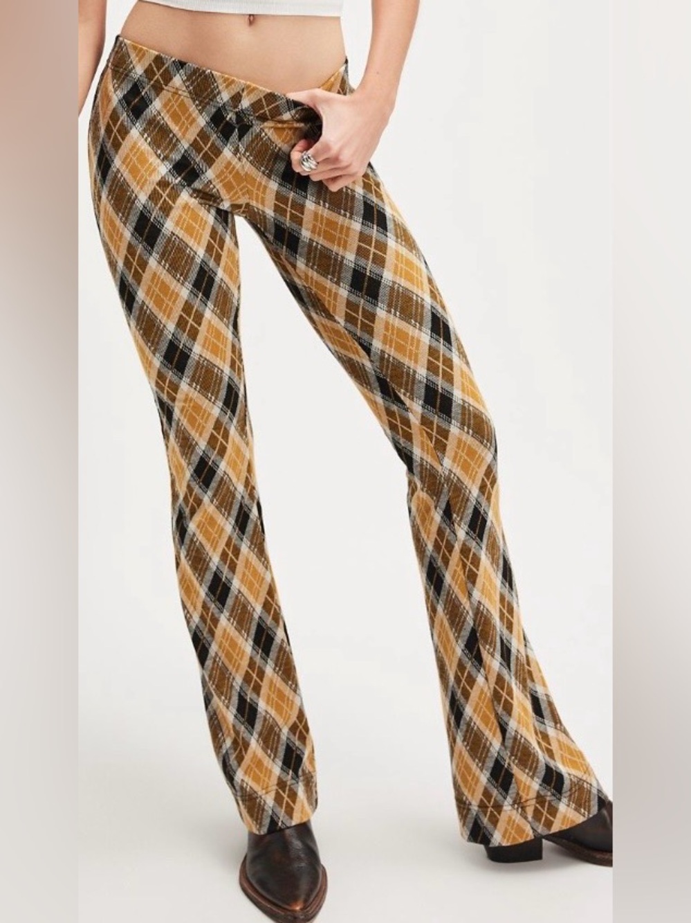 PLAID IS TRENDING FOR FALL Free People Gold Plaid Flare Pants XS NWOT Never worn